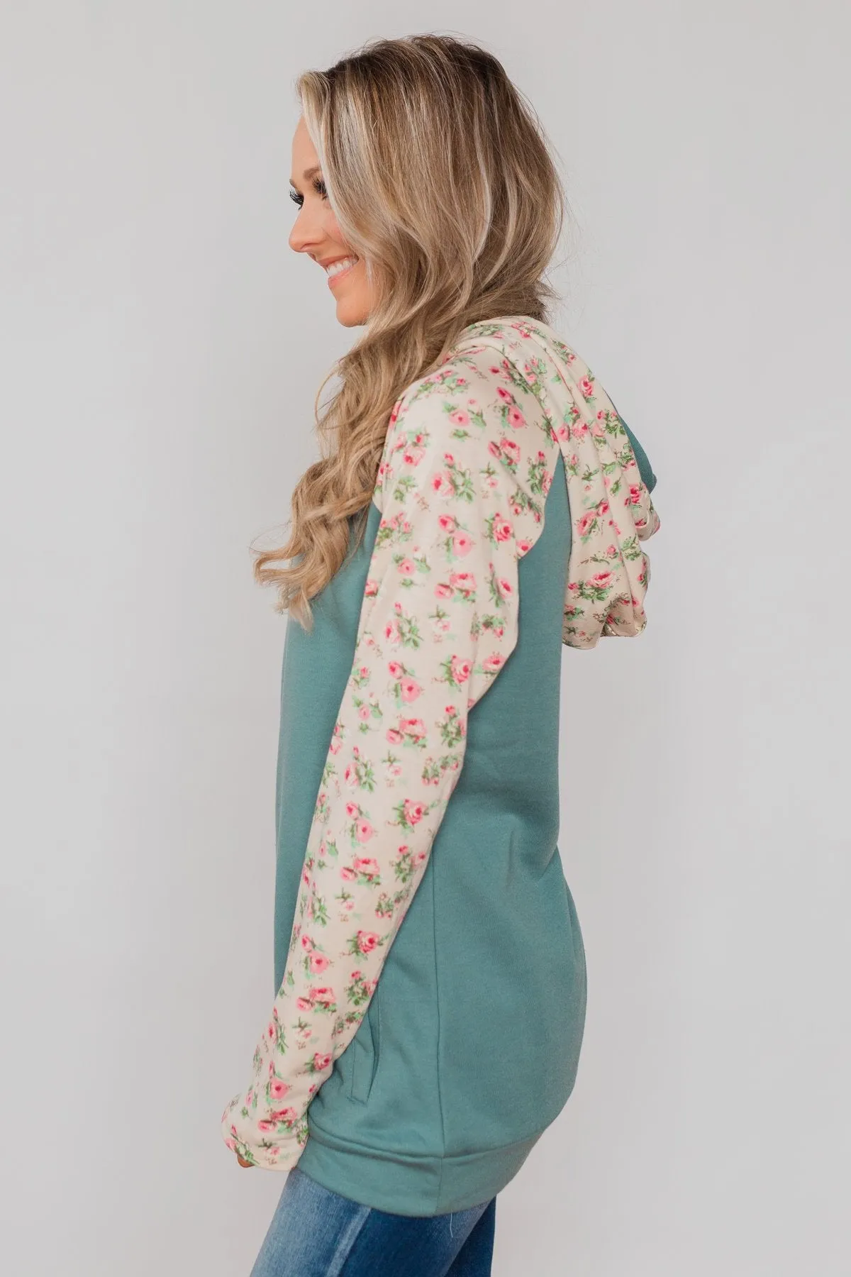 Dreaming of Spring Floral Hoodie - Antique Teal