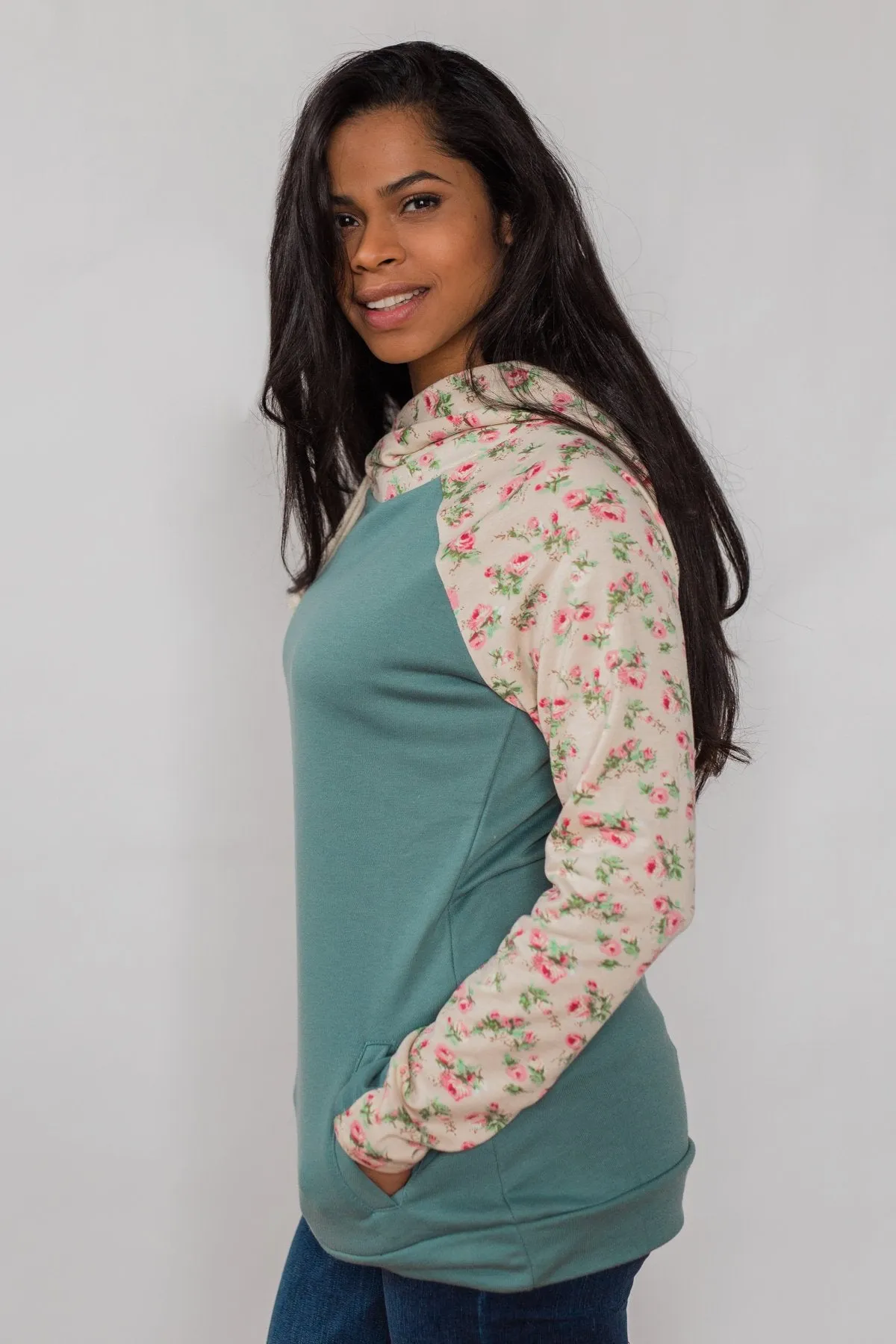 Dreaming of Spring Floral Hoodie - Antique Teal