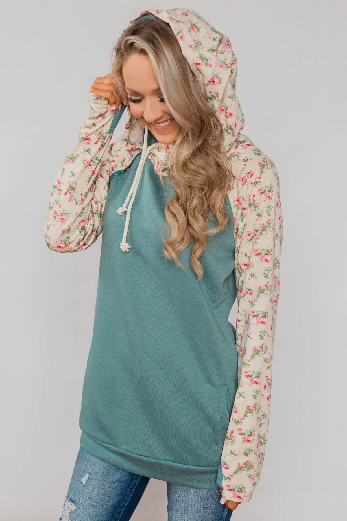 Dreaming of Spring Floral Hoodie - Antique Teal