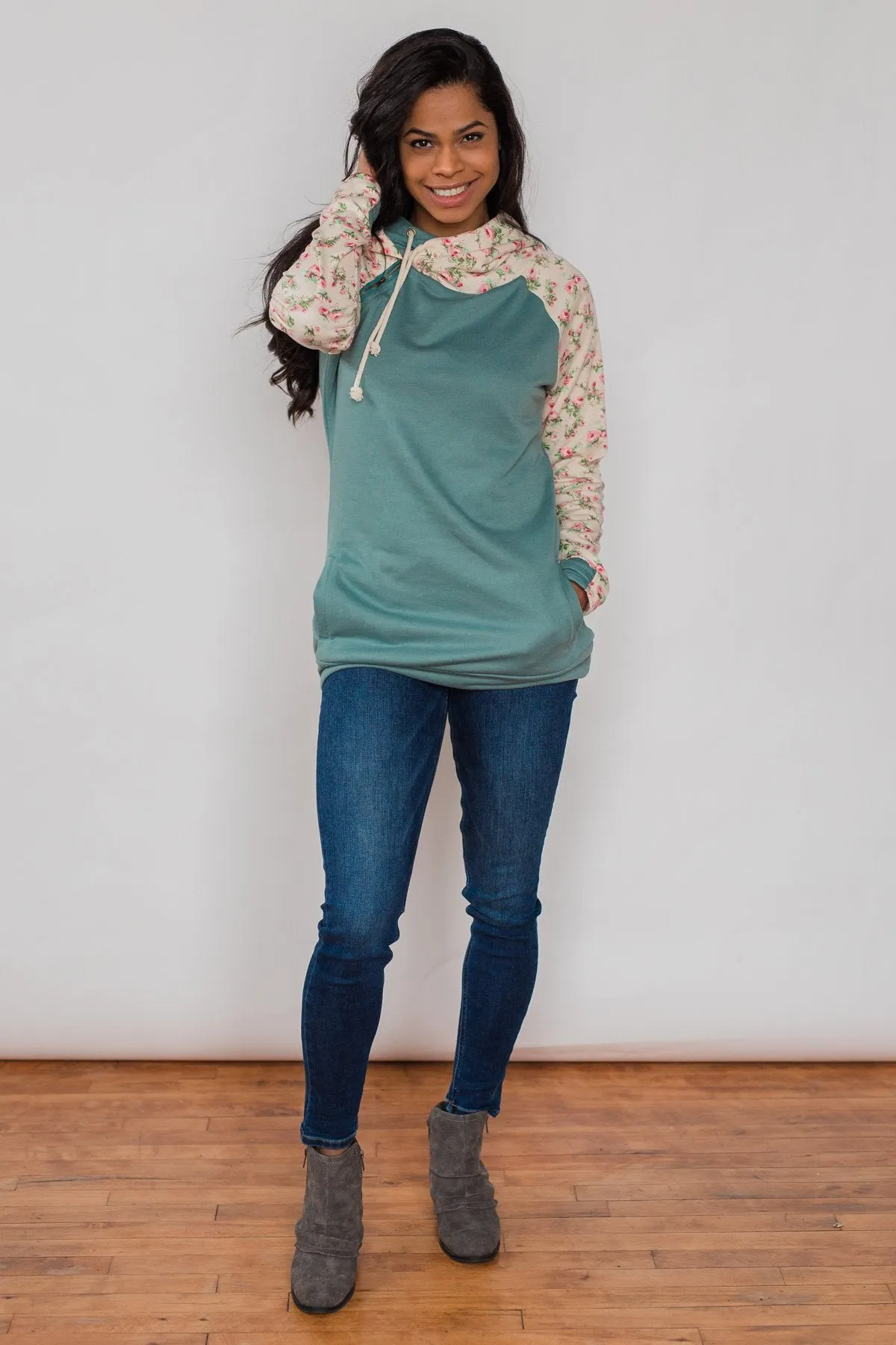 Dreaming of Spring Floral Hoodie - Antique Teal