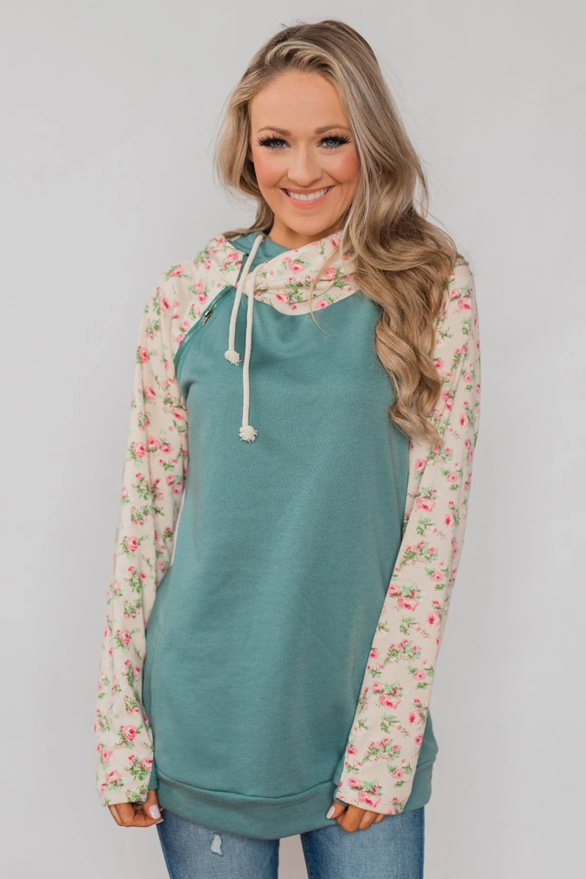 Dreaming of Spring Floral Hoodie - Antique Teal