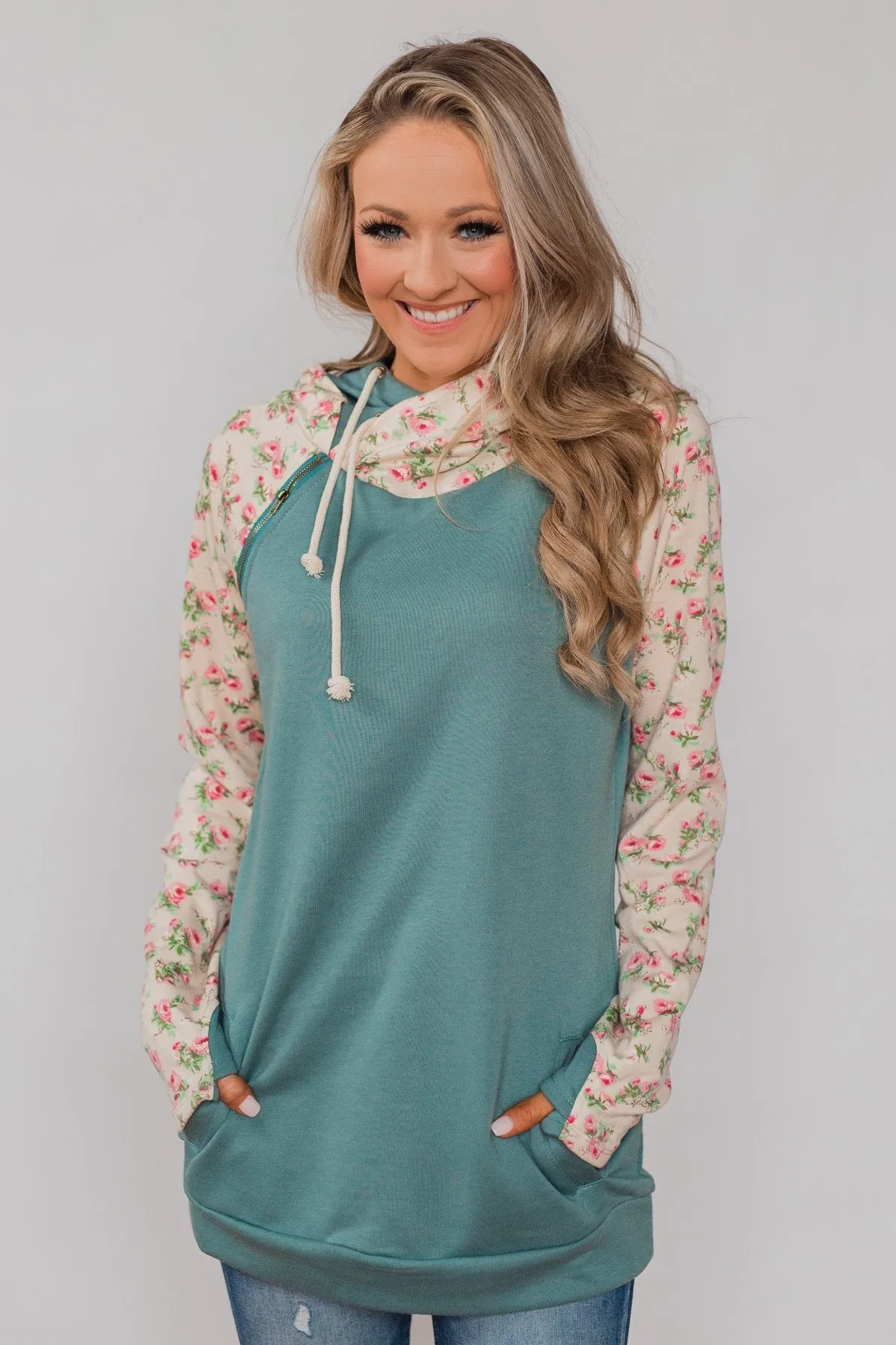 Dreaming of Spring Floral Hoodie - Antique Teal