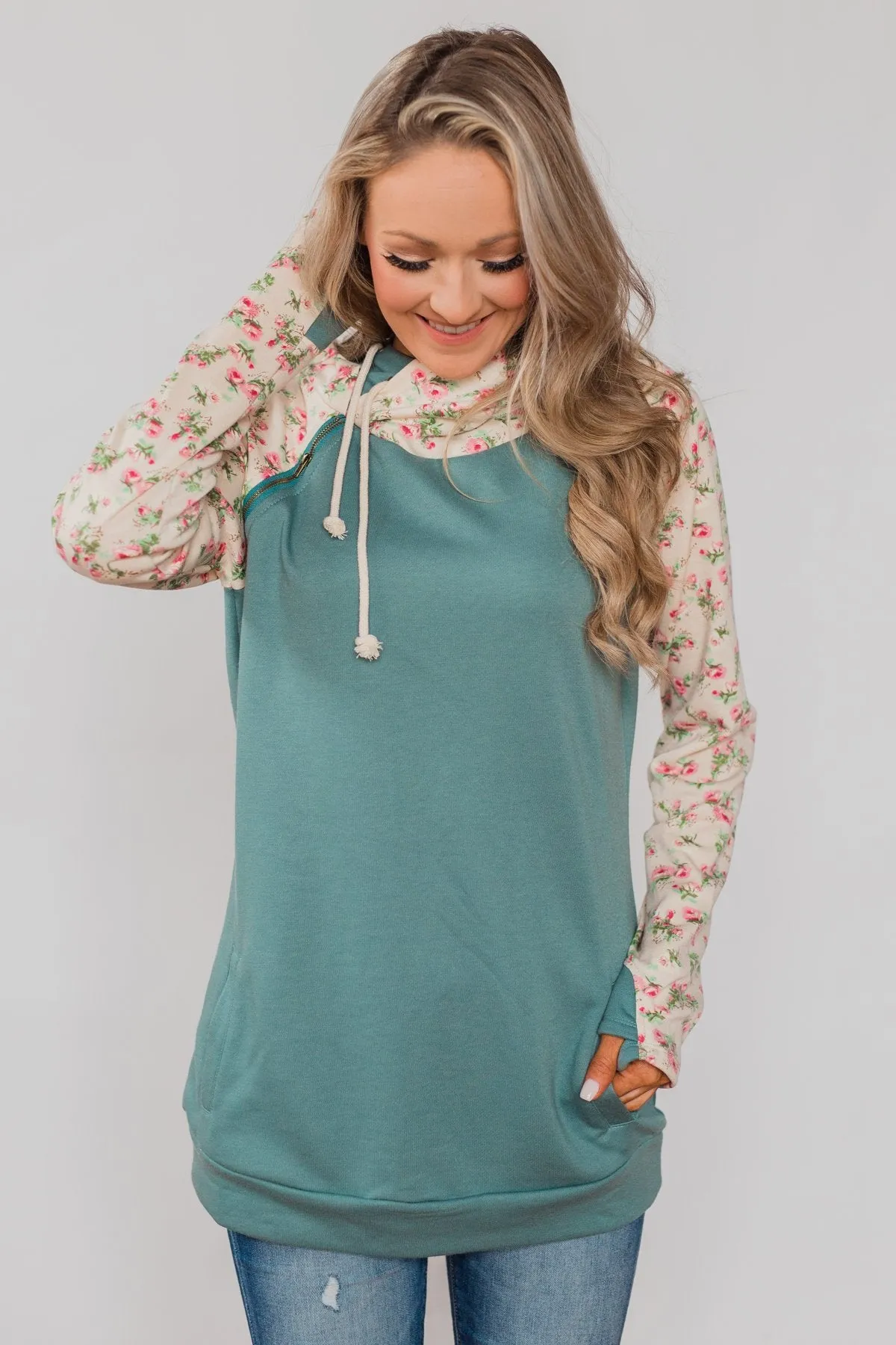 Dreaming of Spring Floral Hoodie - Antique Teal