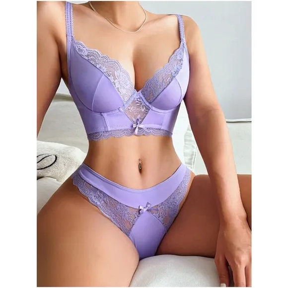 Dusty Pink  Floral Lace Thong Lingerie Set Sexy Pajamas