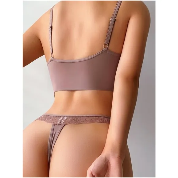 Dusty Pink  Floral Lace Thong Lingerie Set Sexy Pajamas