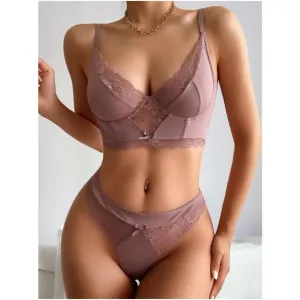 Dusty Pink  Floral Lace Thong Lingerie Set Sexy Pajamas
