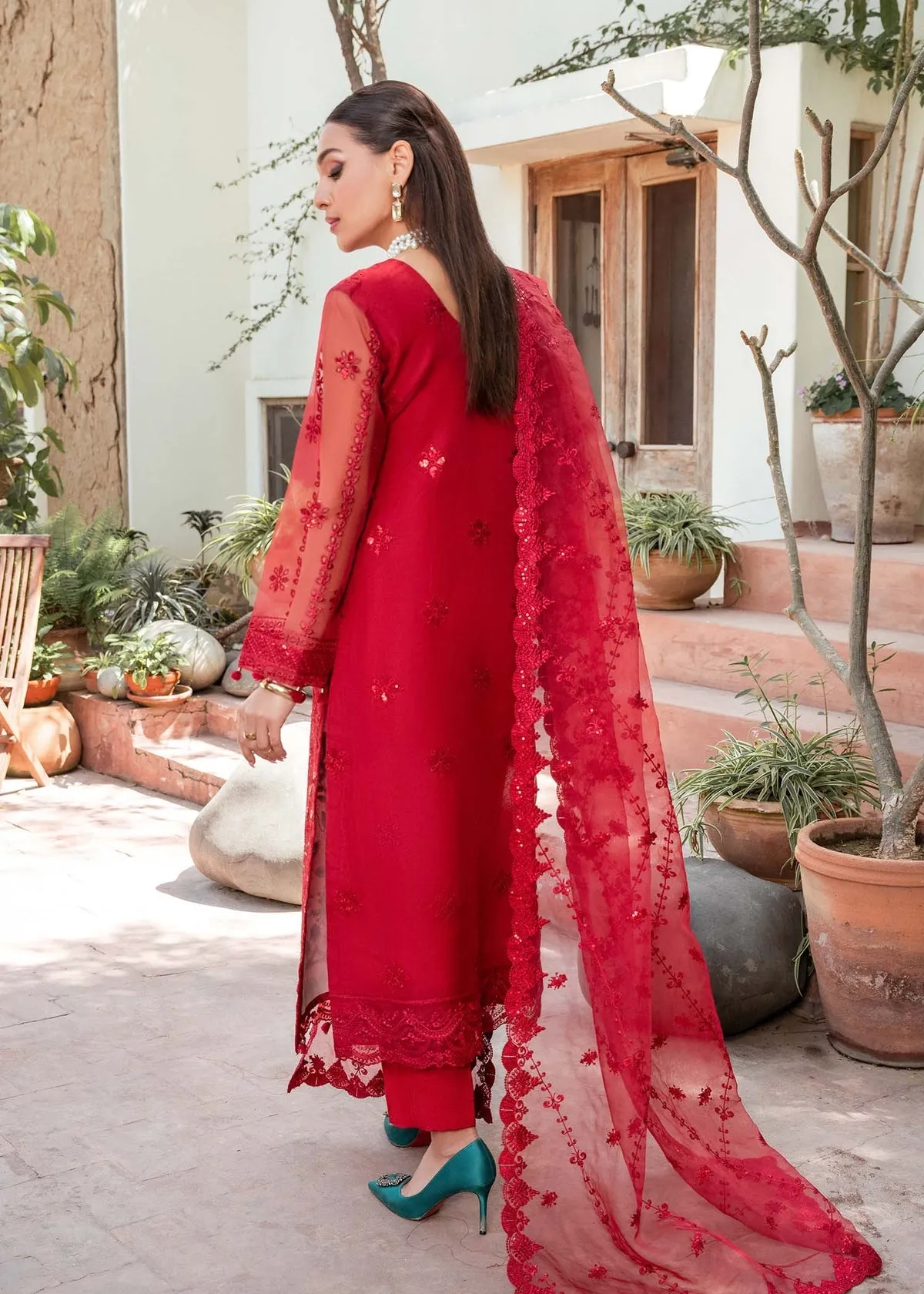 Elegant Deep Red Embroidered Pakistani Salwar Kameez Dupatta Suit