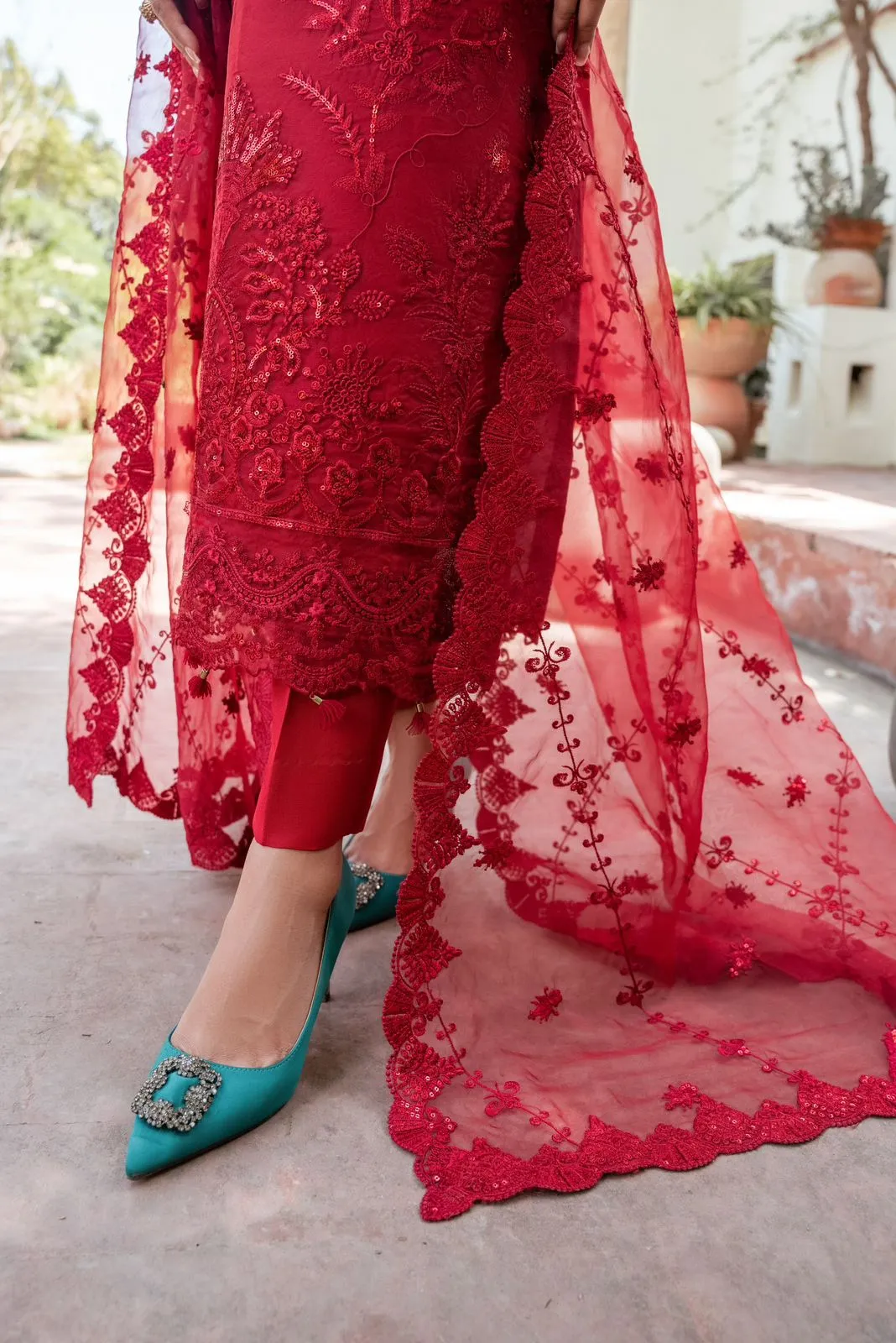 Elegant Deep Red Embroidered Pakistani Salwar Kameez Dupatta Suit