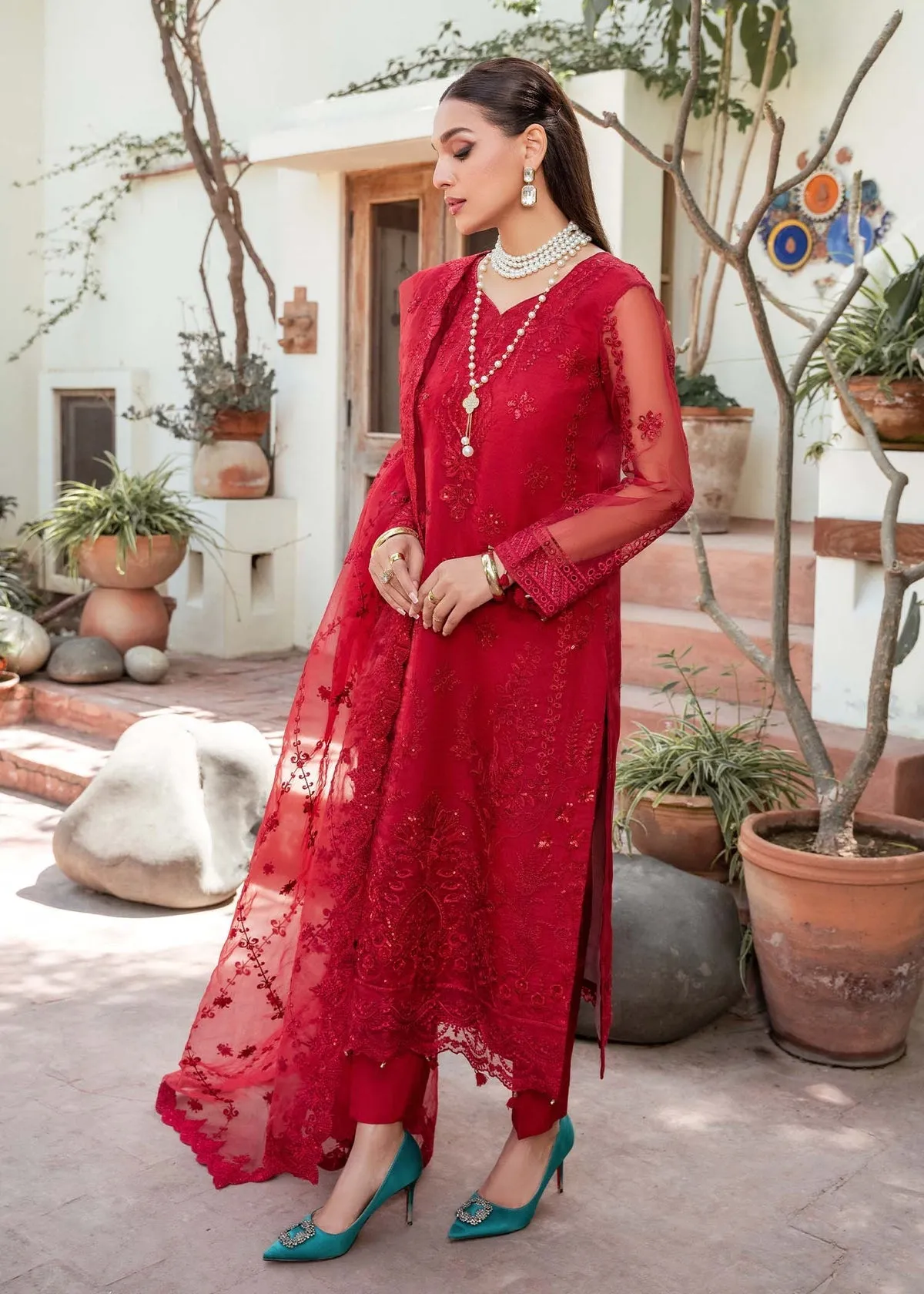 Elegant Deep Red Embroidered Pakistani Salwar Kameez Dupatta Suit