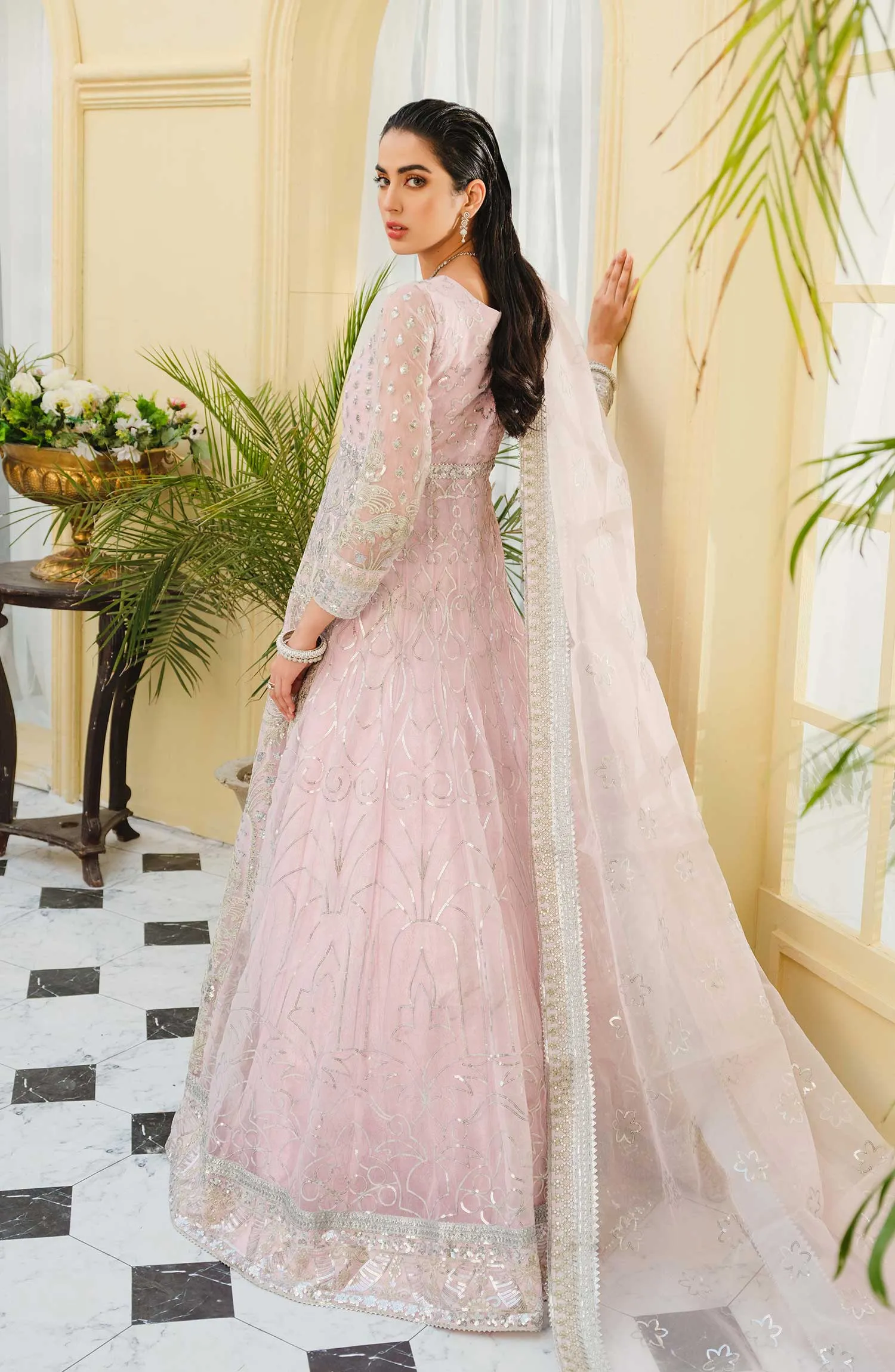 Elegant Long Frock Pakistani in Soft Pink Shade #PF423
