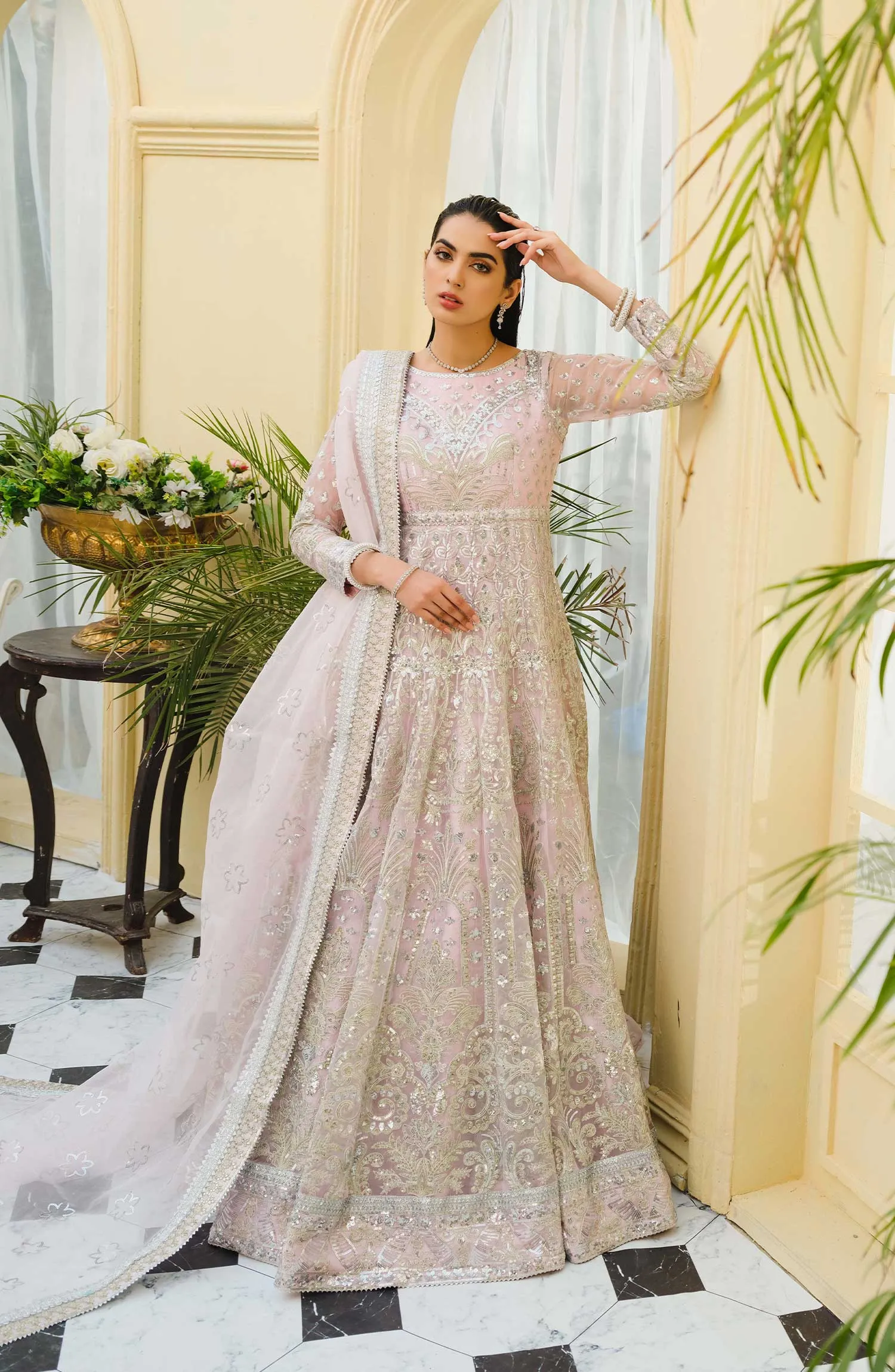 Elegant Long Frock Pakistani in Soft Pink Shade #PF423