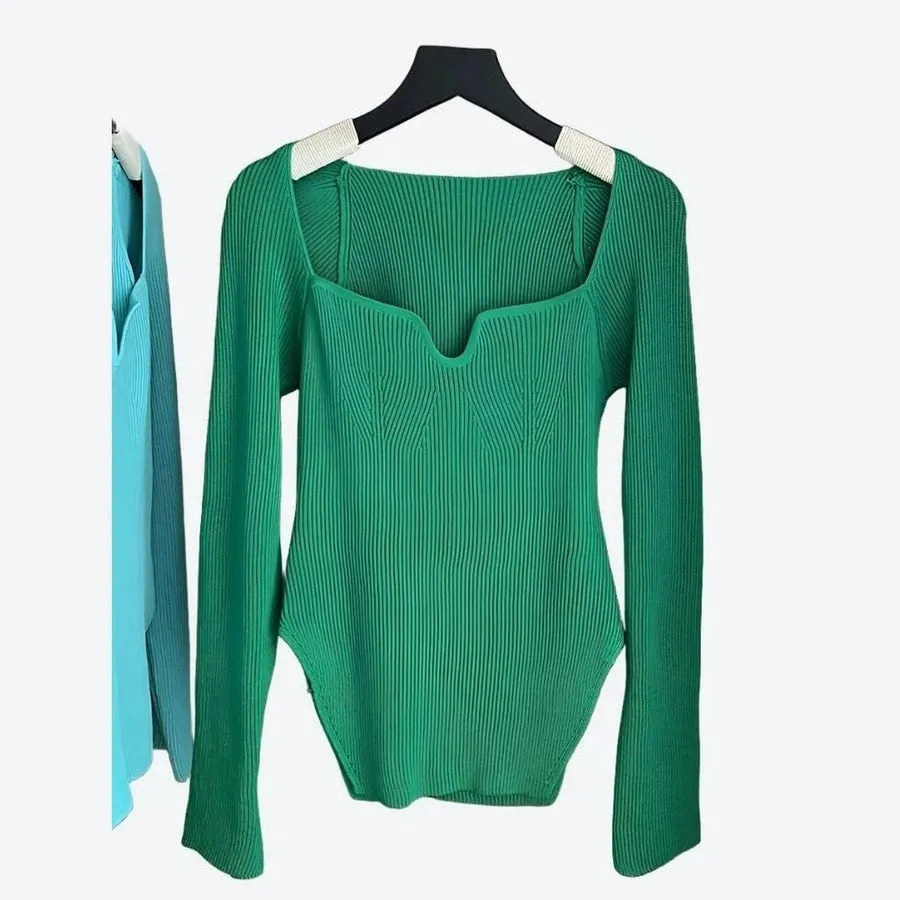 Elegant Square-Neck Ribbed Knit Tops