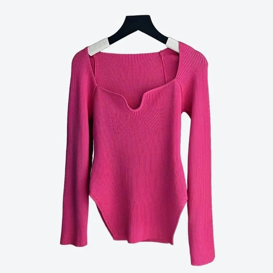 Elegant Square-Neck Ribbed Knit Tops