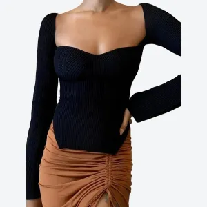 Elegant Square-Neck Ribbed Knit Tops