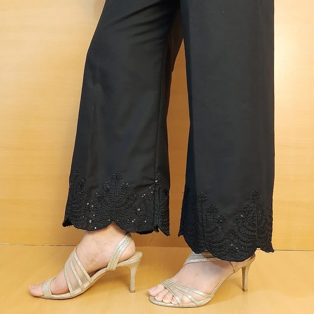 Embroided Sequence Cotton Palazzo - Black - ZT319