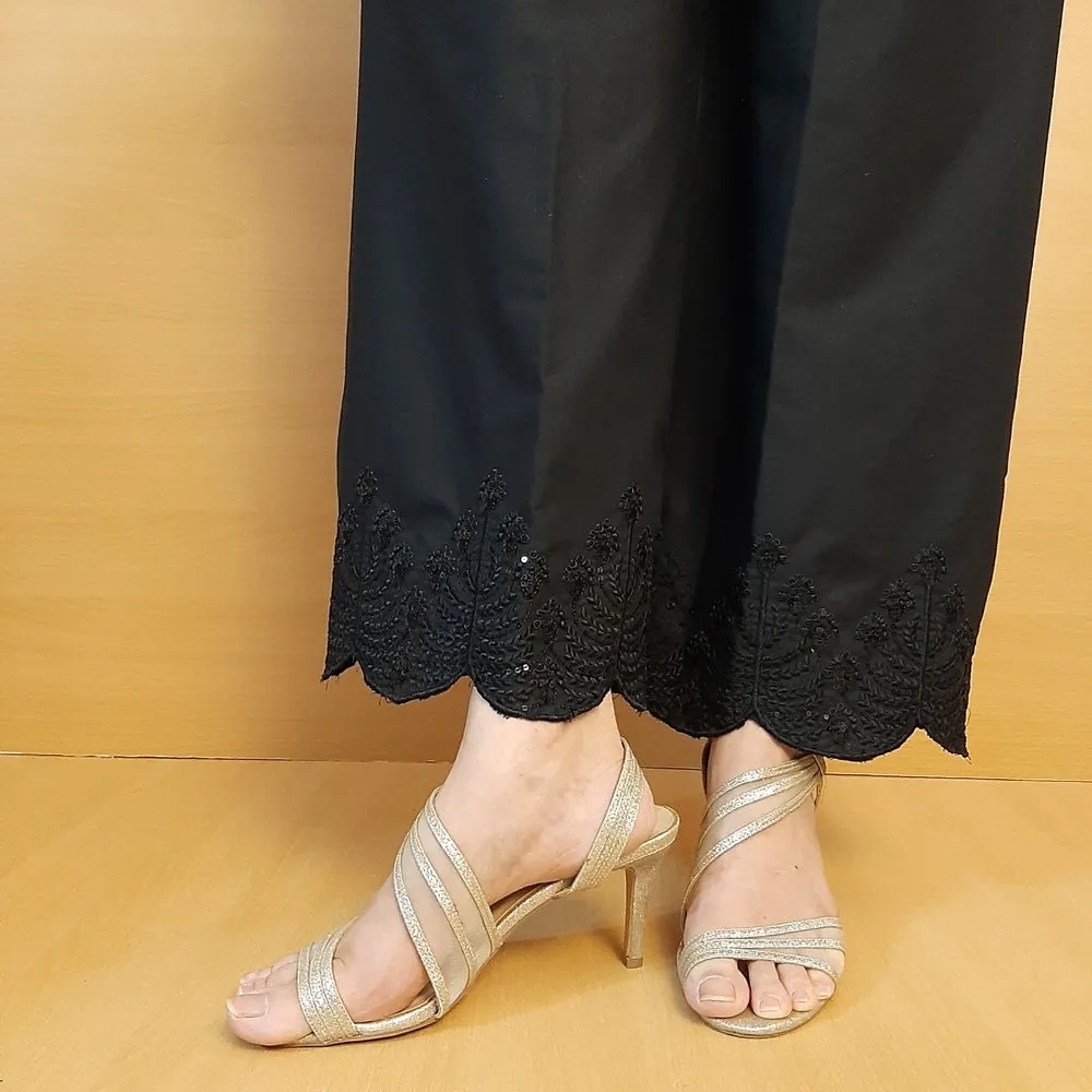 Embroided Sequence Cotton Palazzo - Black - ZT319