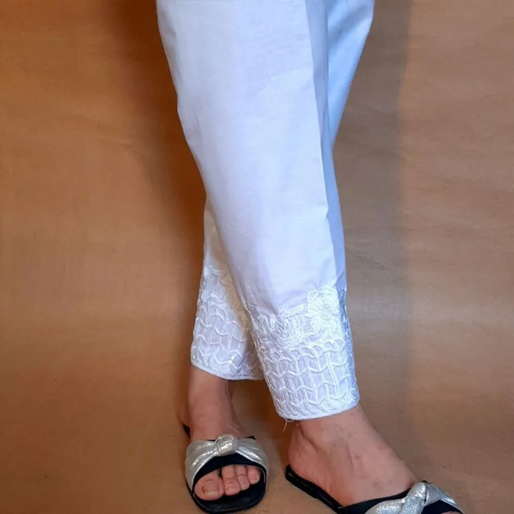 Embroided Trouser - White - Cotton - ZT222