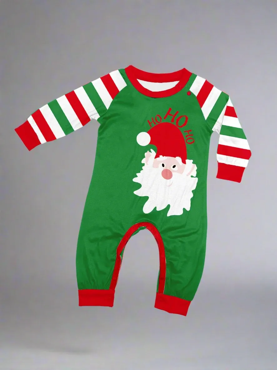 Family Matching Christmas Pajama Set - Festive Santa & "Ho Ho Ho" Print with Red, Green, and White Stripes