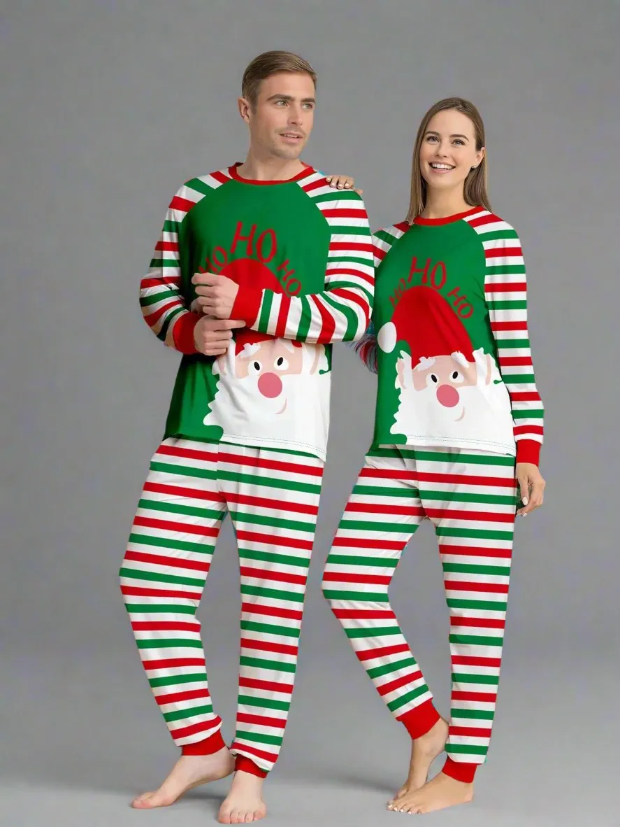Family Matching Christmas Pajama Set - Festive Santa & "Ho Ho Ho" Print with Red, Green, and White Stripes