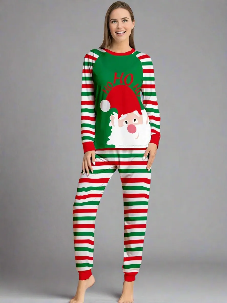 Family Matching Christmas Pajama Set - Festive Santa & "Ho Ho Ho" Print with Red, Green, and White Stripes