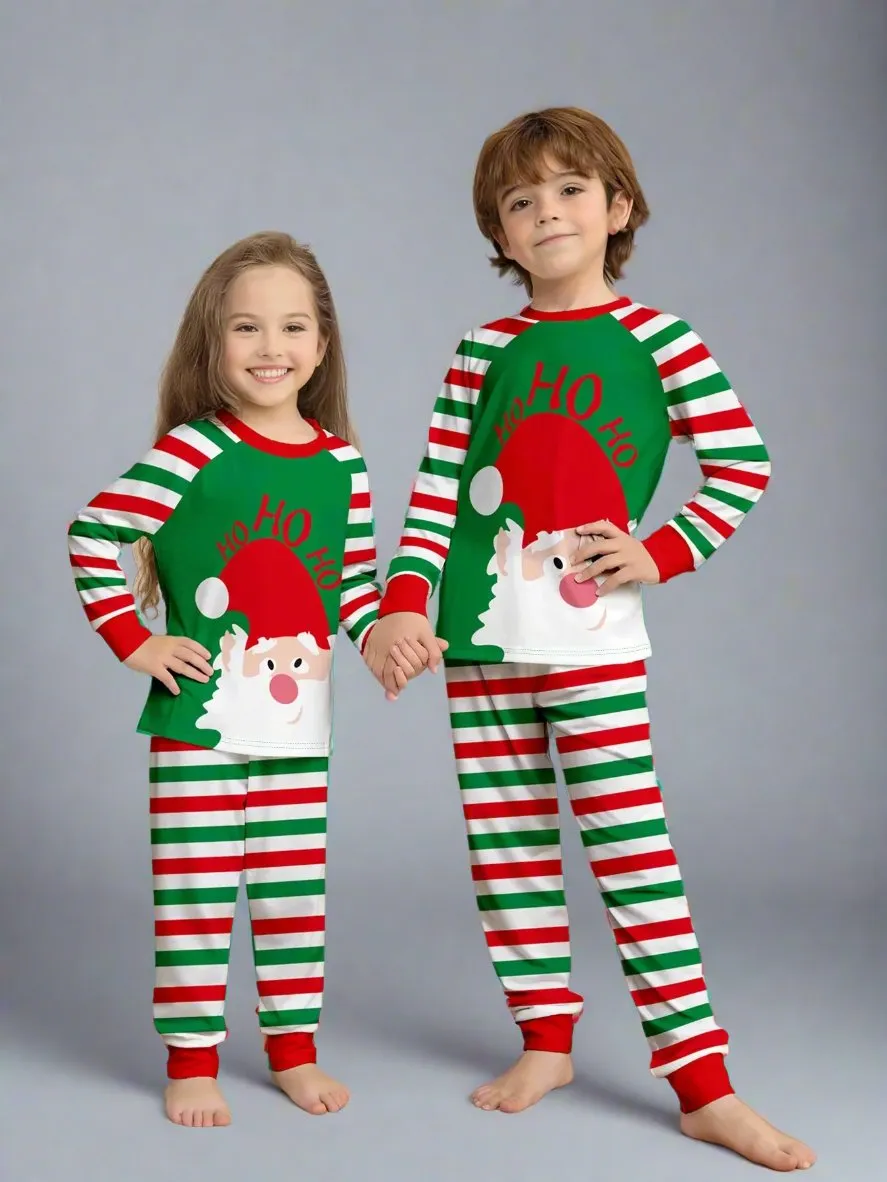 Family Matching Christmas Pajama Set - Festive Santa & "Ho Ho Ho" Print with Red, Green, and White Stripes