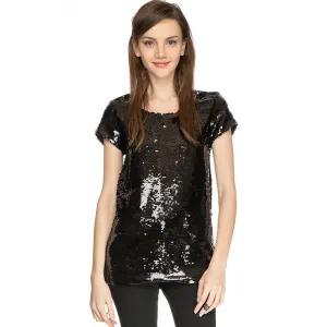 fashion girls black sequins tops slim O-neck t shirts for women solid short sleeve shining tees [HDYA894g]
