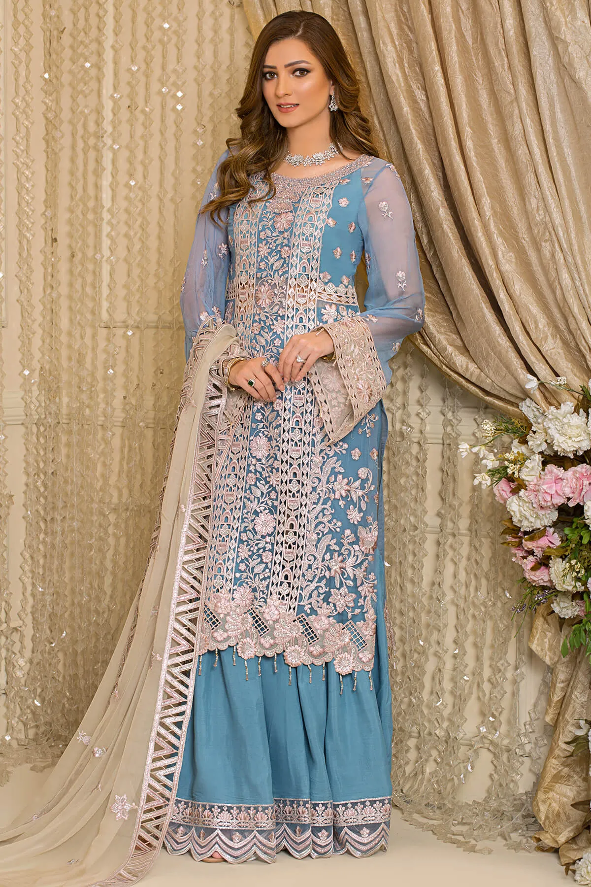 Festive Pakistani Blue Dress in Embroidered Chiffon Kameez and Raw Silk Trousers for Eid