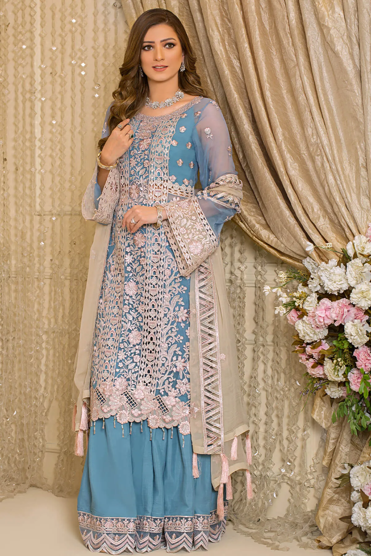 Festive Pakistani Blue Dress in Embroidered Chiffon Kameez and Raw Silk Trousers for Eid
