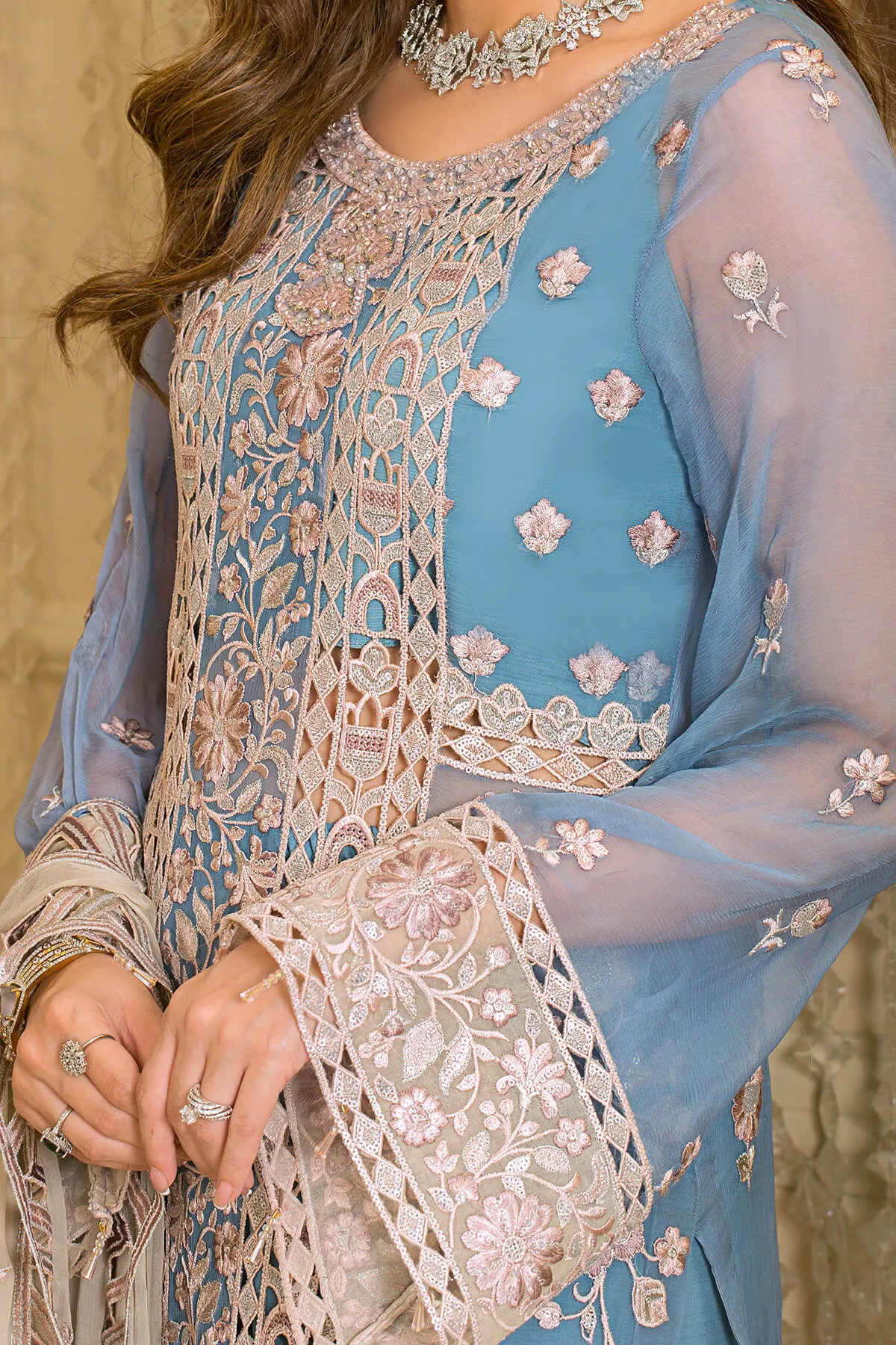 Festive Pakistani Blue Dress in Embroidered Chiffon Kameez and Raw Silk Trousers for Eid