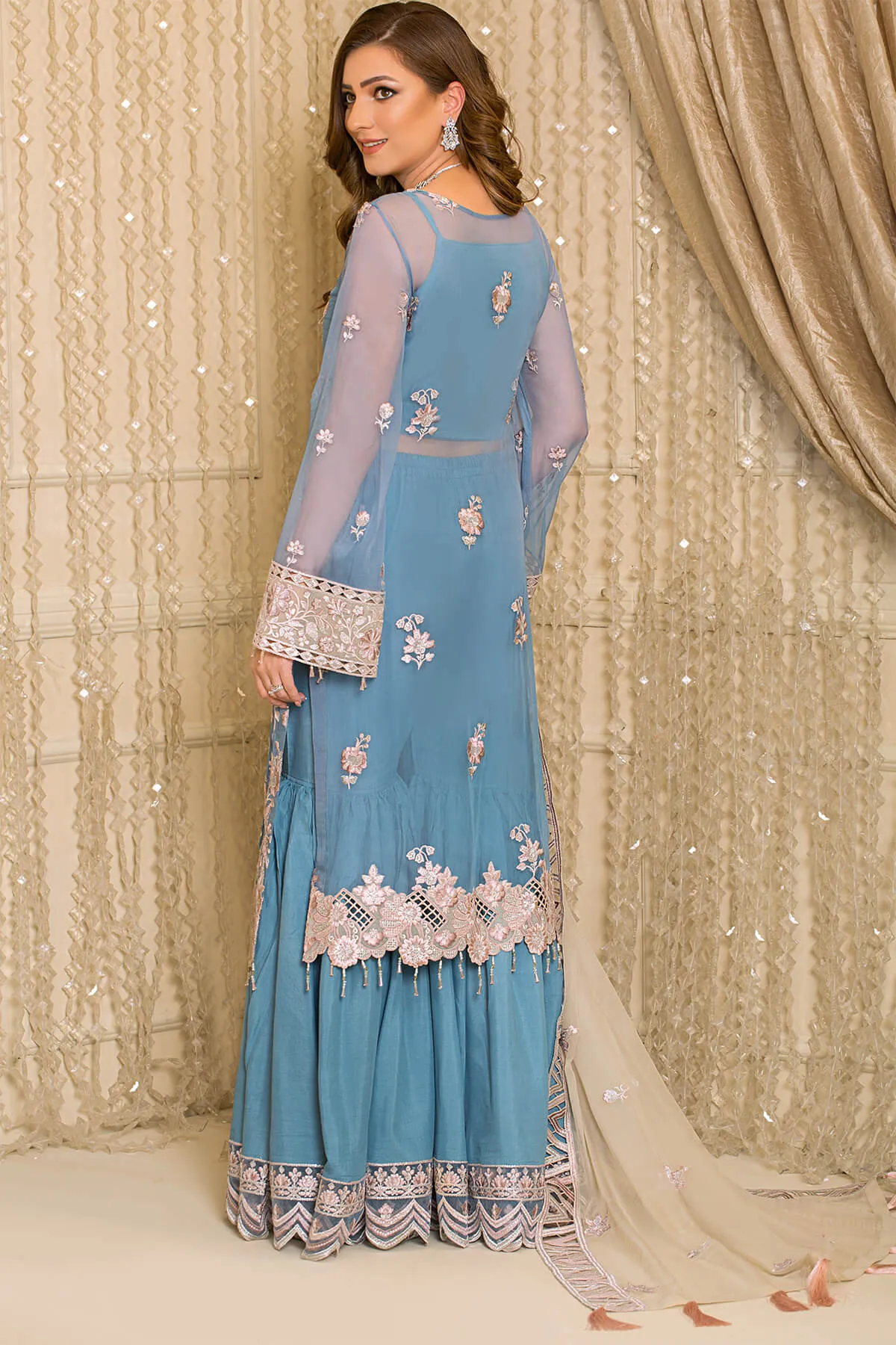 Festive Pakistani Blue Dress in Embroidered Chiffon Kameez and Raw Silk Trousers for Eid