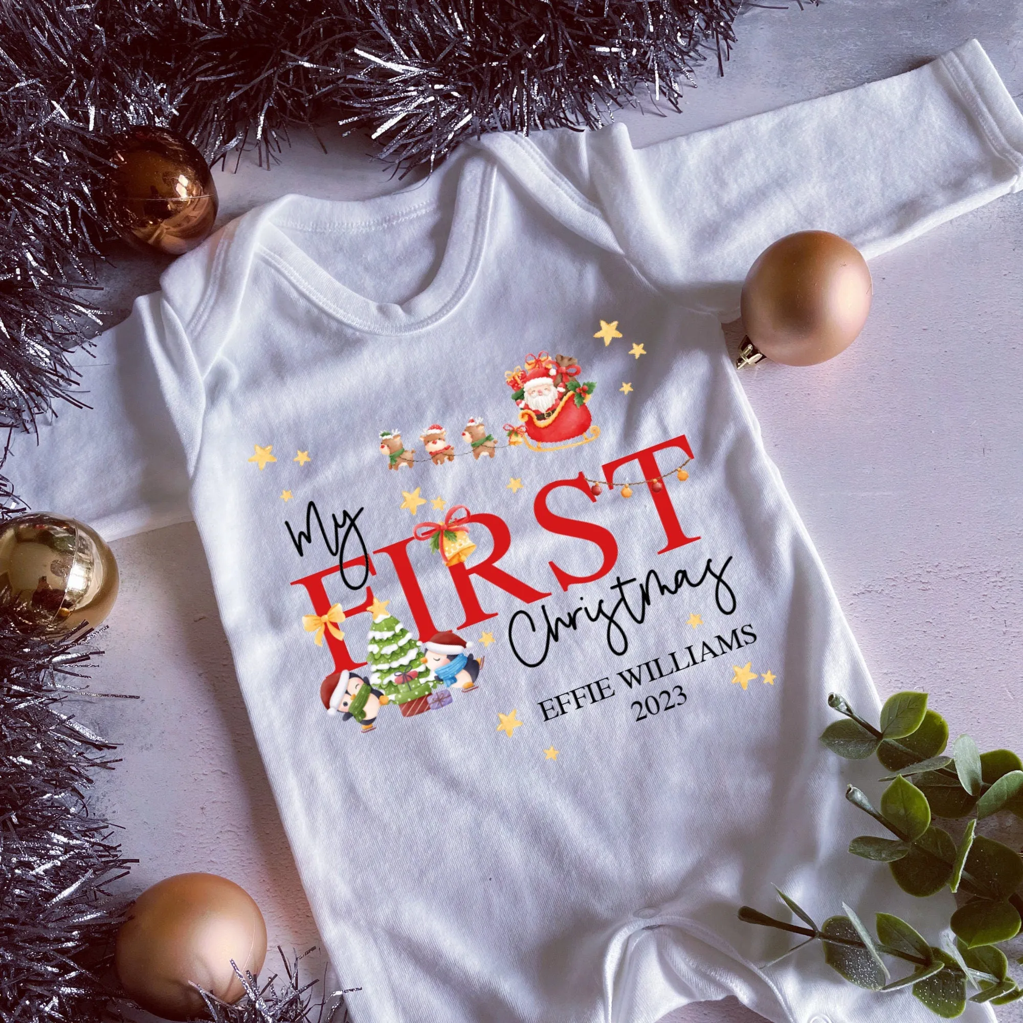 First Christmas babygrow, Vest, Sleepsuit, 1st Christmas, Unisex Xmas Clothes, Penguin Gift baby, Personalised Santa Christmas, Boy, Girl