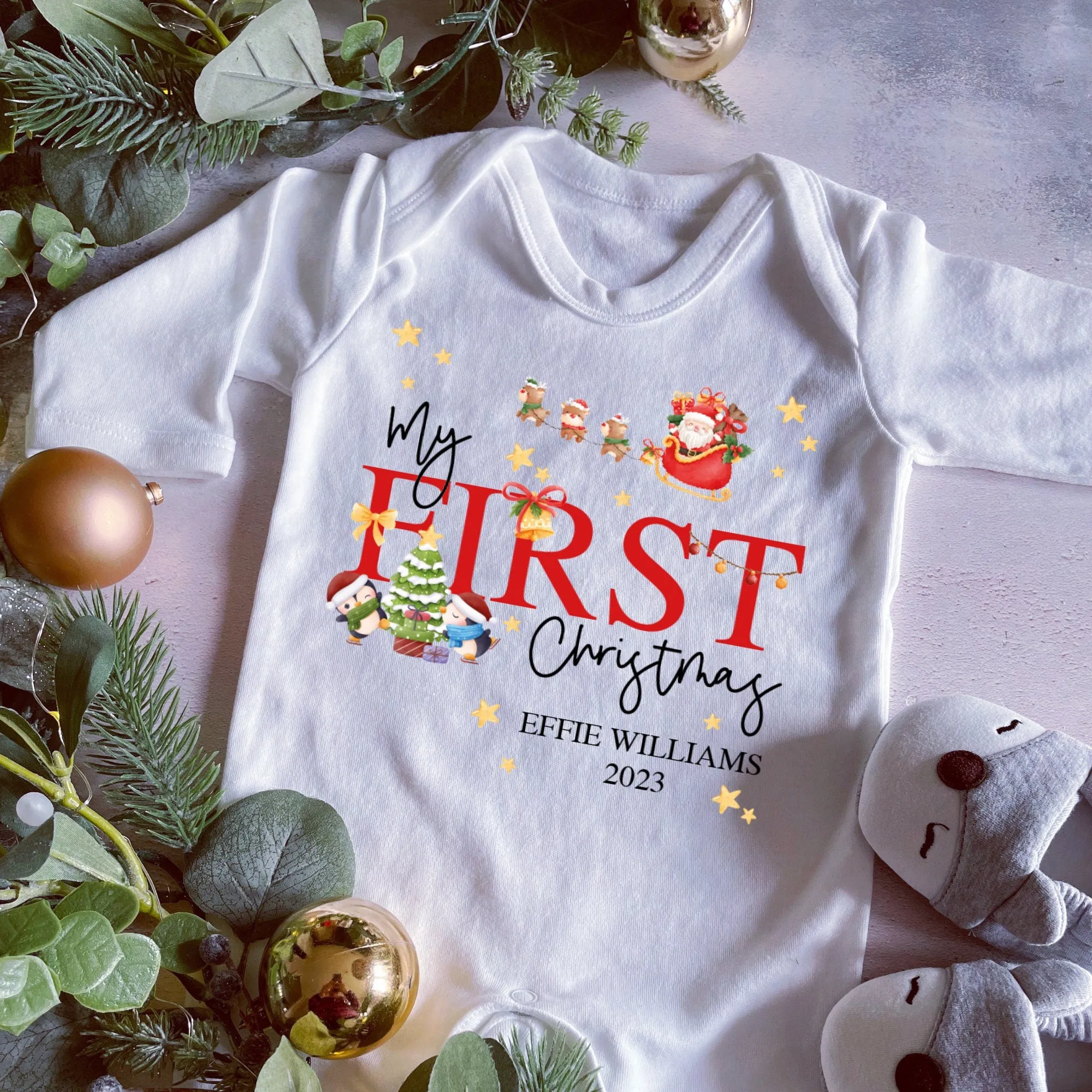 First Christmas babygrow, Vest, Sleepsuit, 1st Christmas, Unisex Xmas Clothes, Penguin Gift baby, Personalised Santa Christmas, Boy, Girl
