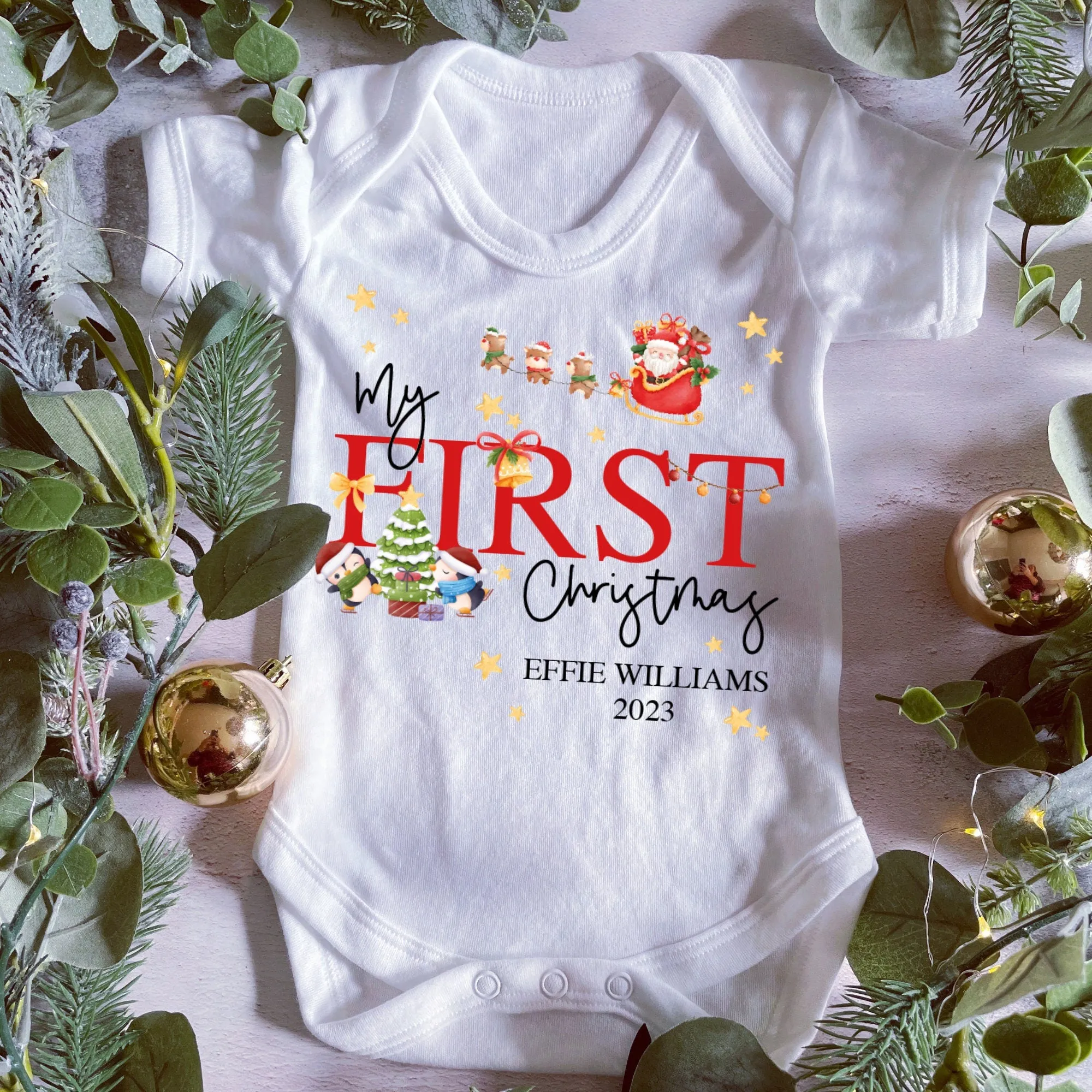 First Christmas babygrow, Vest, Sleepsuit, 1st Christmas, Unisex Xmas Clothes, Penguin Gift baby, Personalised Santa Christmas, Boy, Girl