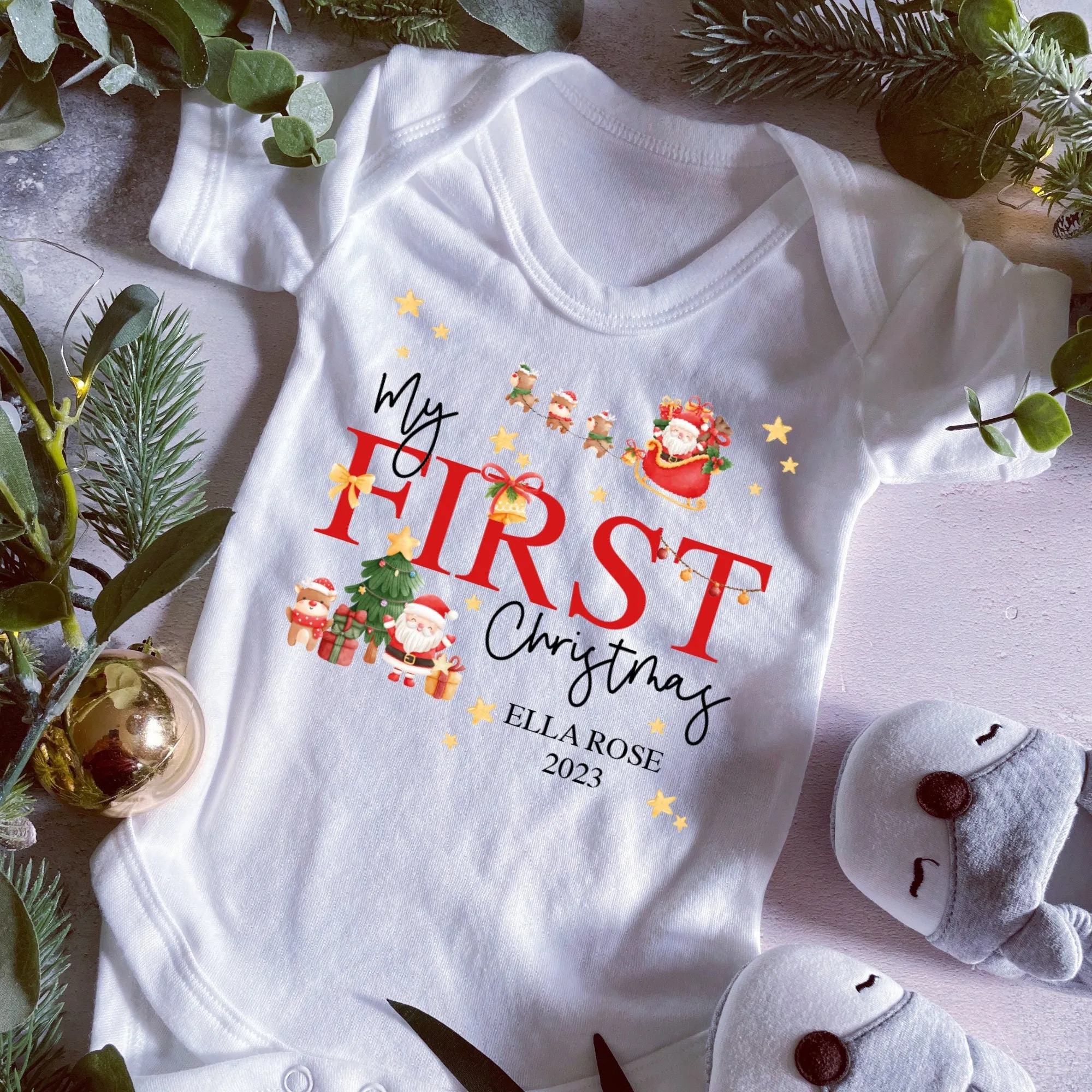 First Christmas babygrow, Vest, Sleepsuit, 1st Christmas, Unisex Xmas Clothes, Reindeer Gift baby, Personalised Santa Christmas, Boy, Girl