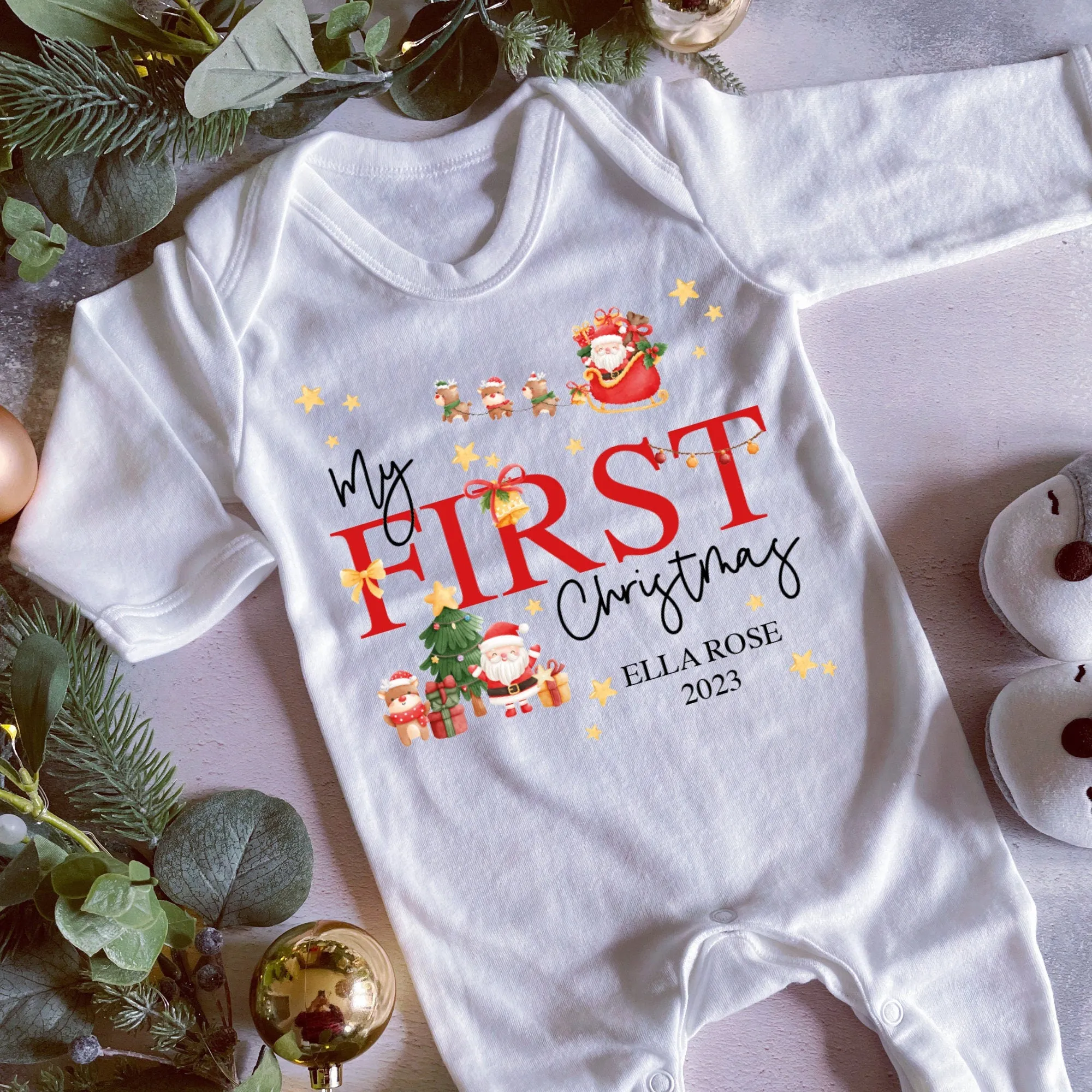 First Christmas babygrow, Vest, Sleepsuit, 1st Christmas, Unisex Xmas Clothes, Reindeer Gift baby, Personalised Santa Christmas, Boy, Girl