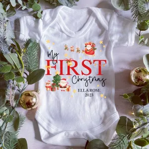 First Christmas babygrow, Vest, Sleepsuit, 1st Christmas, Unisex Xmas Clothes, Reindeer Gift baby, Personalised Santa Christmas, Boy, Girl