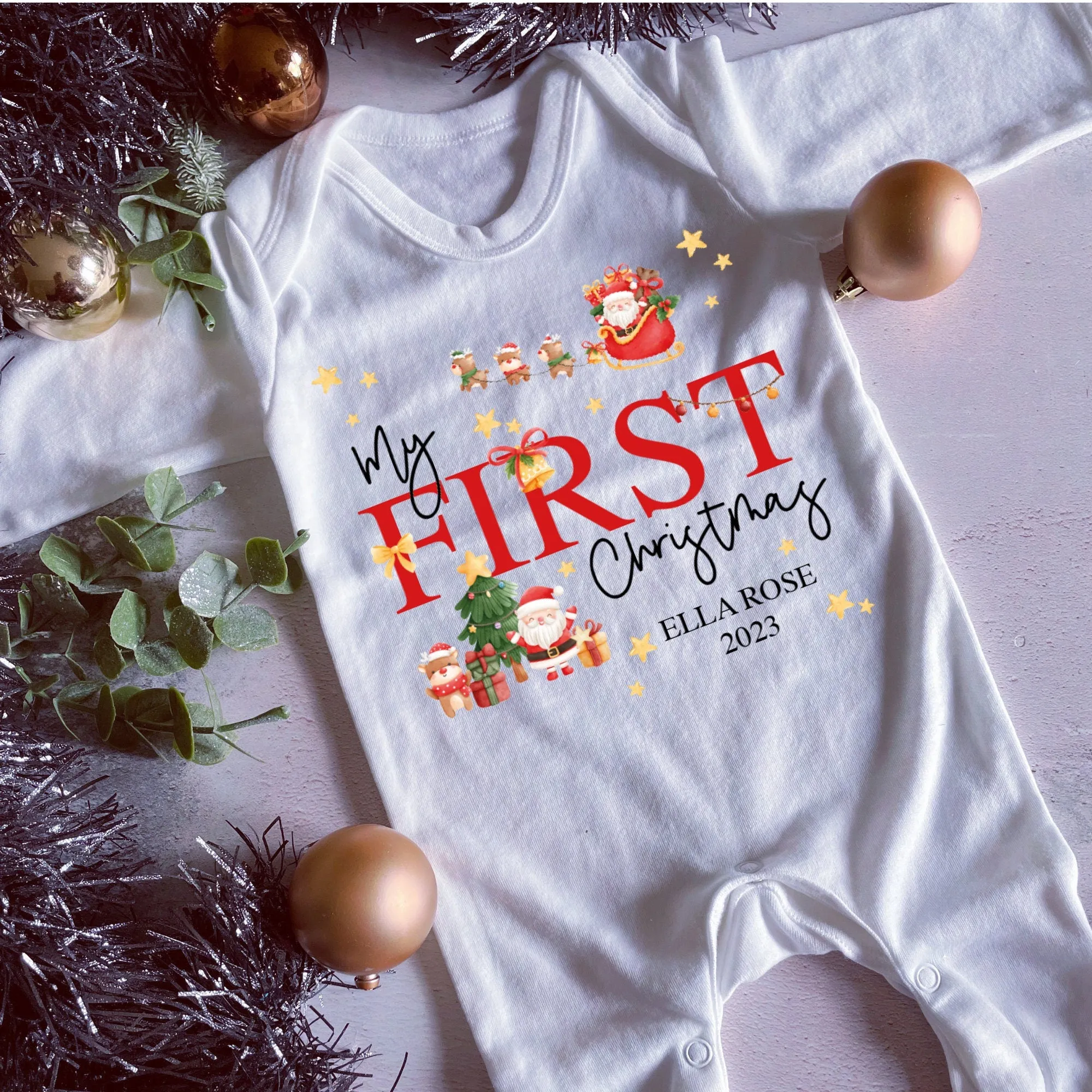 First Christmas babygrow, Vest, Sleepsuit, 1st Christmas, Unisex Xmas Clothes, Reindeer Gift baby, Personalised Santa Christmas, Boy, Girl