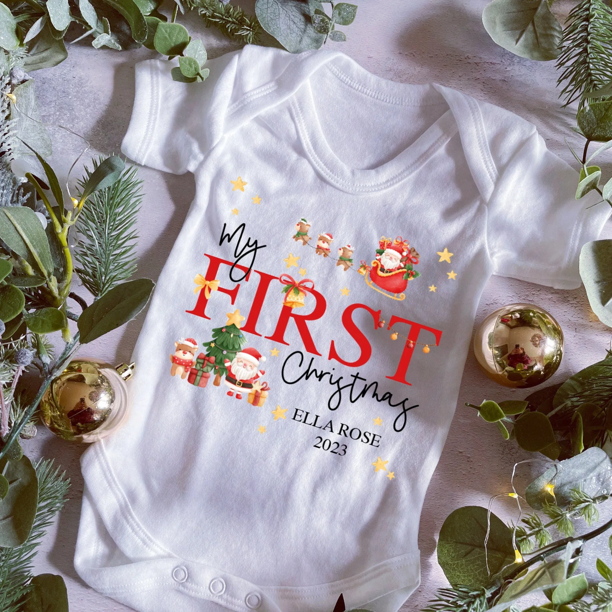 First Christmas babygrow, Vest, Sleepsuit, 1st Christmas, Unisex Xmas Clothes, Reindeer Gift baby, Personalised Santa Christmas, Boy, Girl