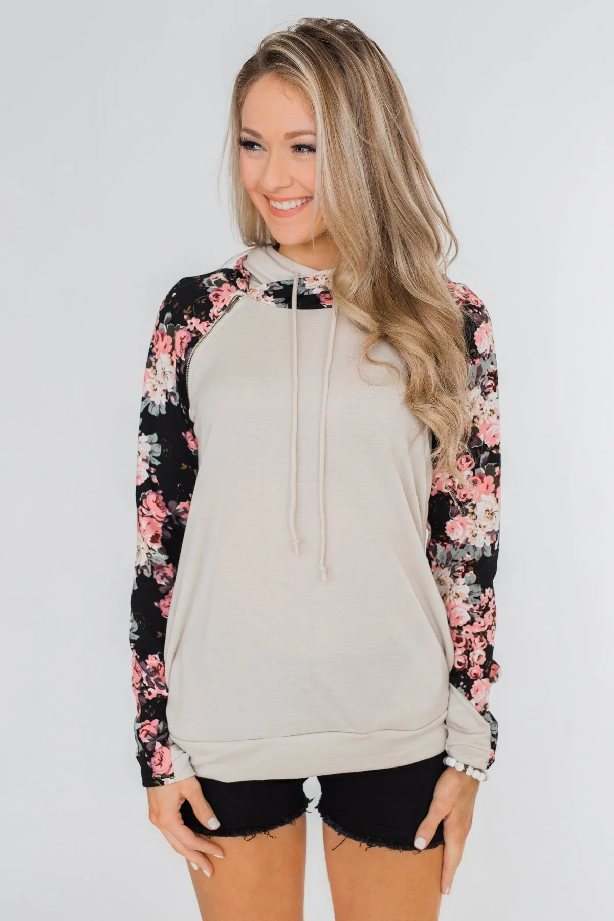 Floral Double Hood Sweatshirt- Beige