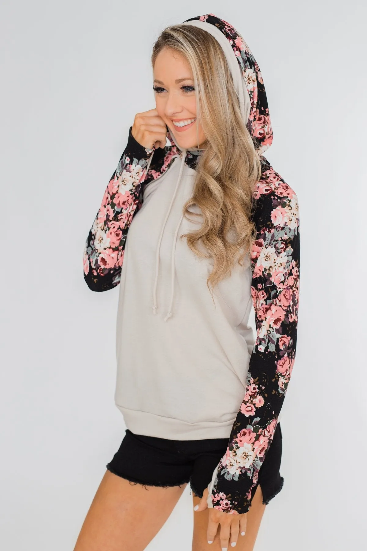 Floral Double Hood Sweatshirt- Beige
