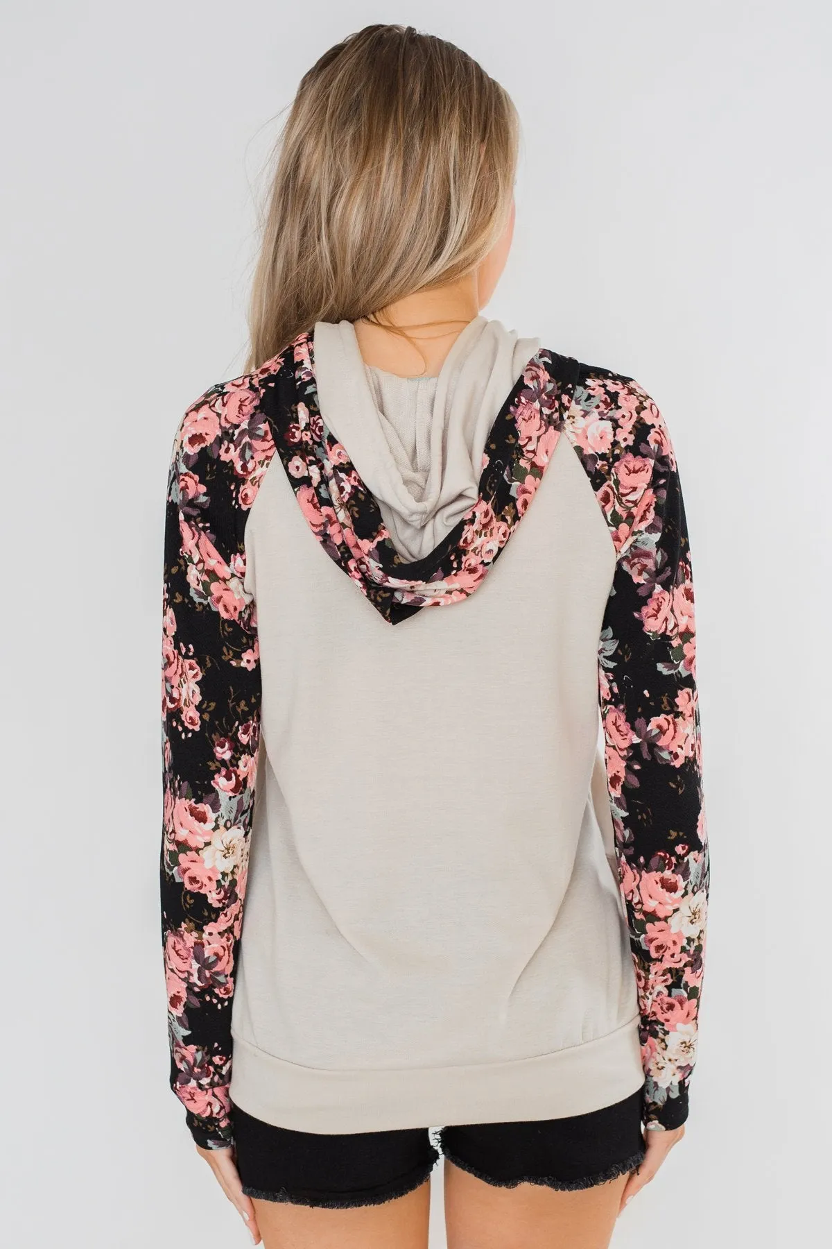 Floral Double Hood Sweatshirt- Beige