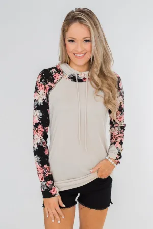 Floral Double Hood Sweatshirt- Beige