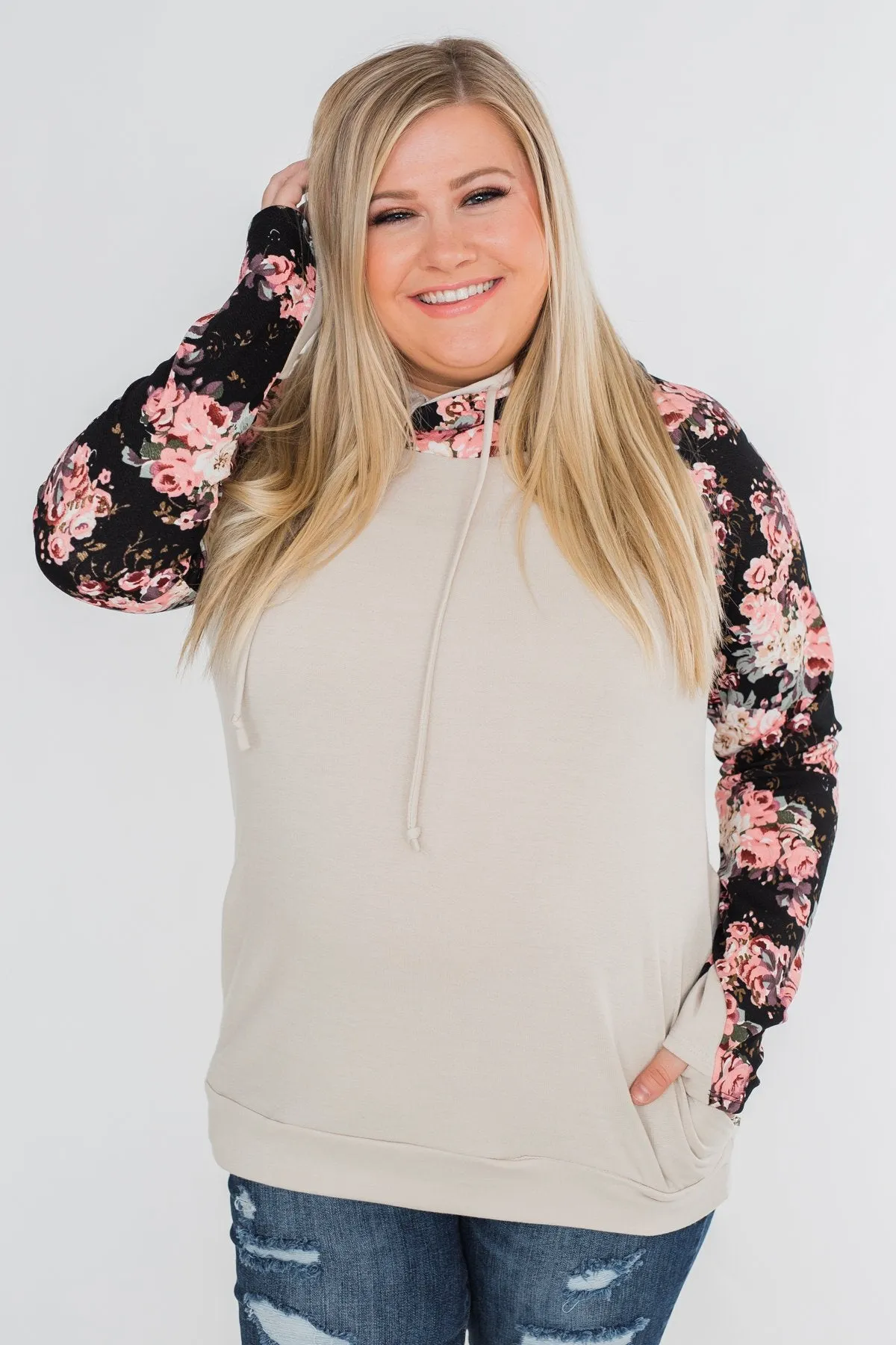 Floral Double Hood Sweatshirt- Beige