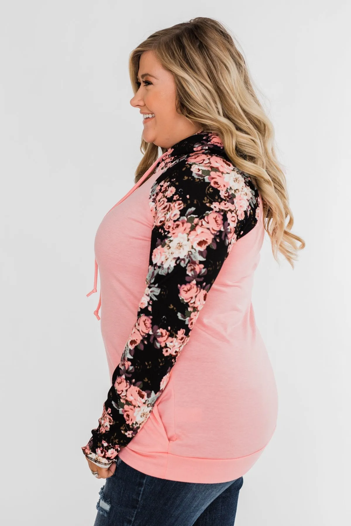 Floral Double Hood Sweatshirt- Pink