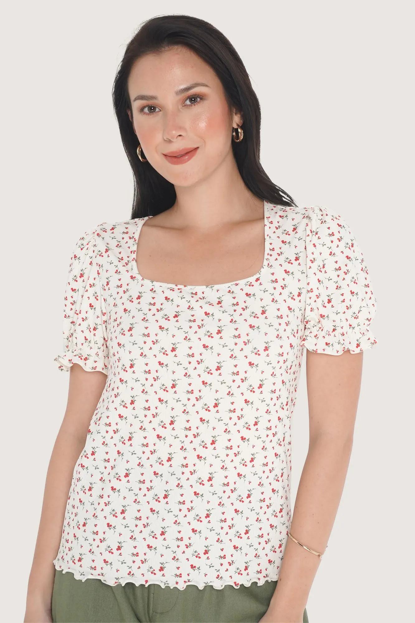 Floral Square Neck Puff Sleeve Tee with Lettuce Trim