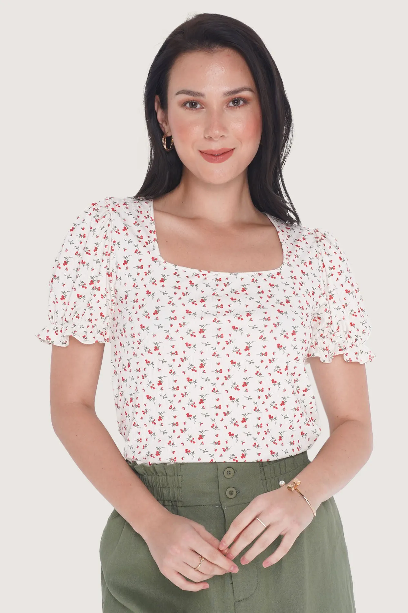 Floral Square Neck Puff Sleeve Tee with Lettuce Trim