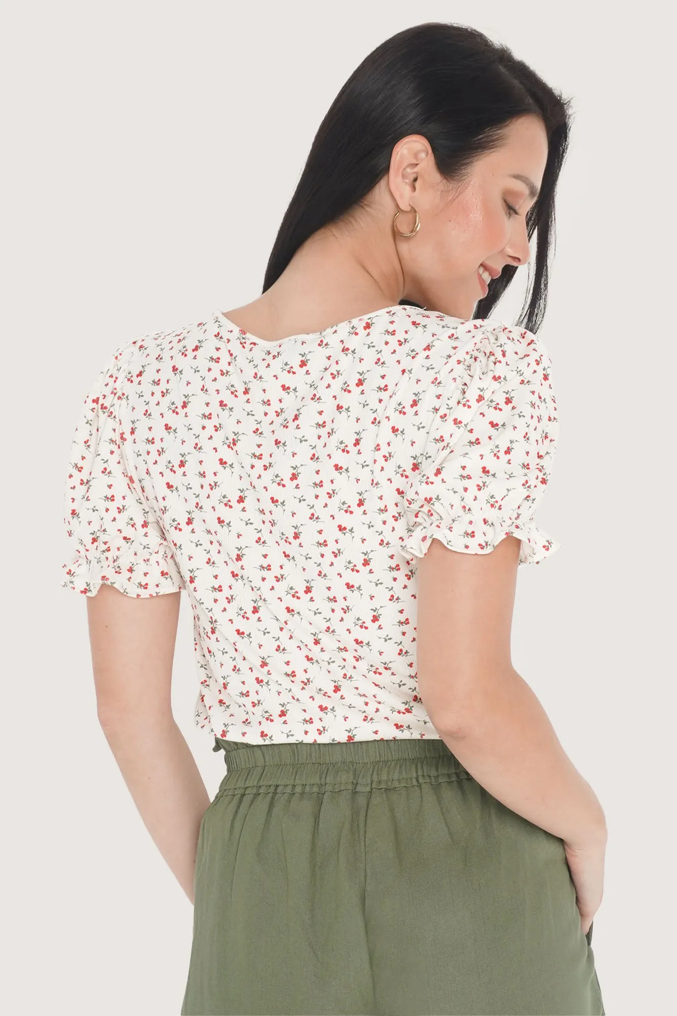 Floral Square Neck Puff Sleeve Tee with Lettuce Trim