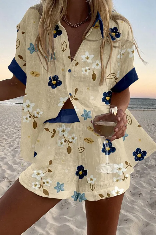 Flower Print Loose Button Elastic Waist Shorts Set