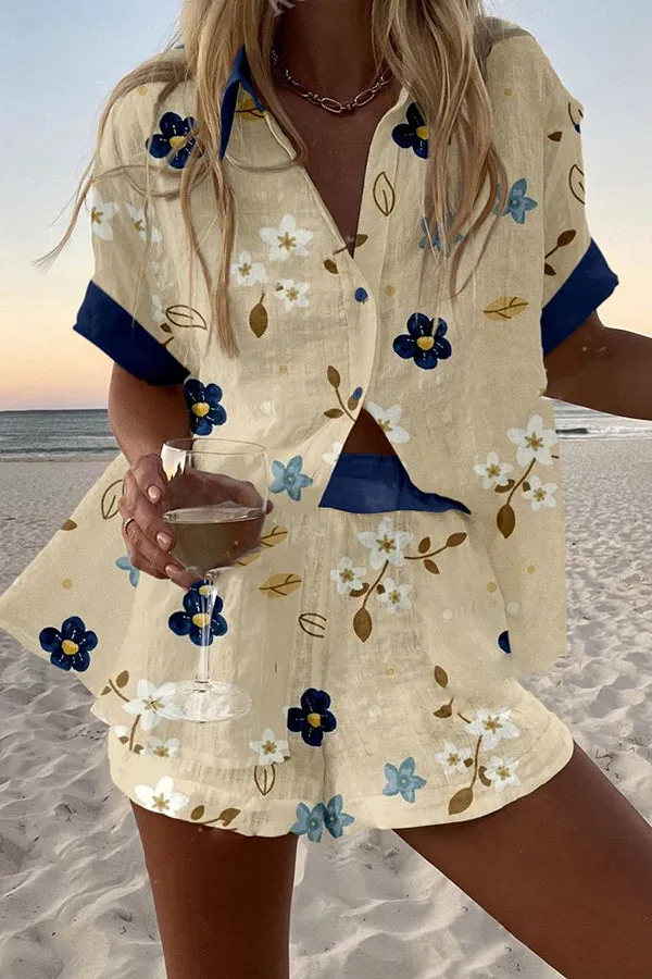 Flower Print Loose Button Elastic Waist Shorts Set