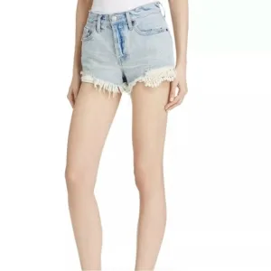 Free People blue Jean frayed Denim Shorts with lace detail summer beach pool 26